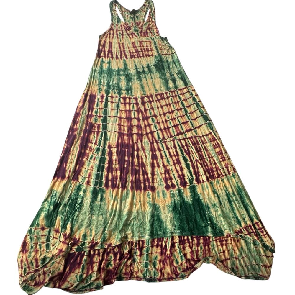 Womens Dress Size Large Summer Tie Dye Tank Long Cream Green Red Hippie Flowy - Picture 2 of 7